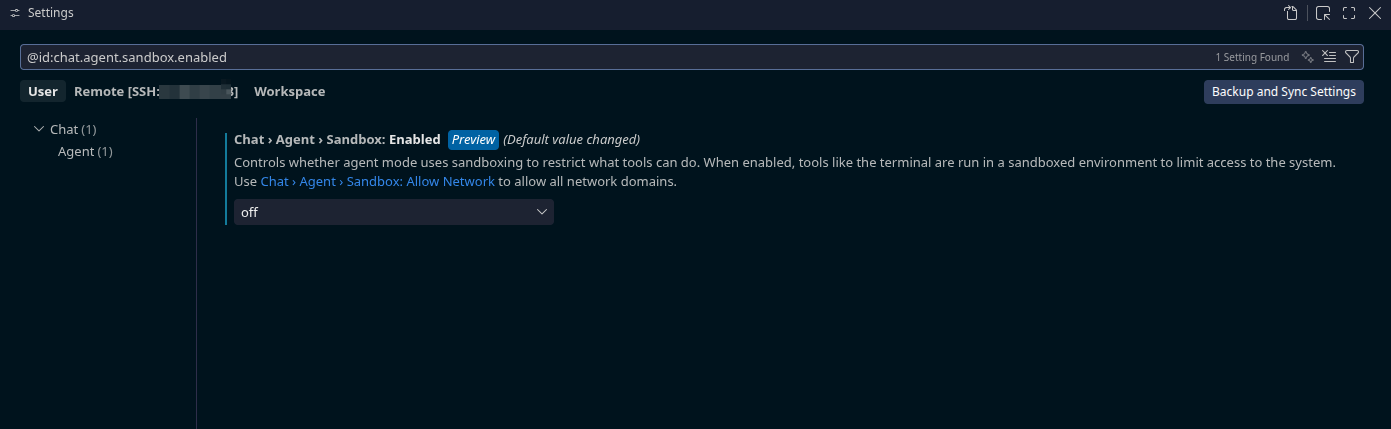 Chat › Agent › Sandbox: Enabled toggle in VS Code Settings